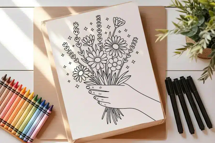 Line Drawing Of A Hand Holding A Bouquet Of Flowers.