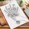 Line Drawing Of A Hand Holding A Bouquet Of Flowers.