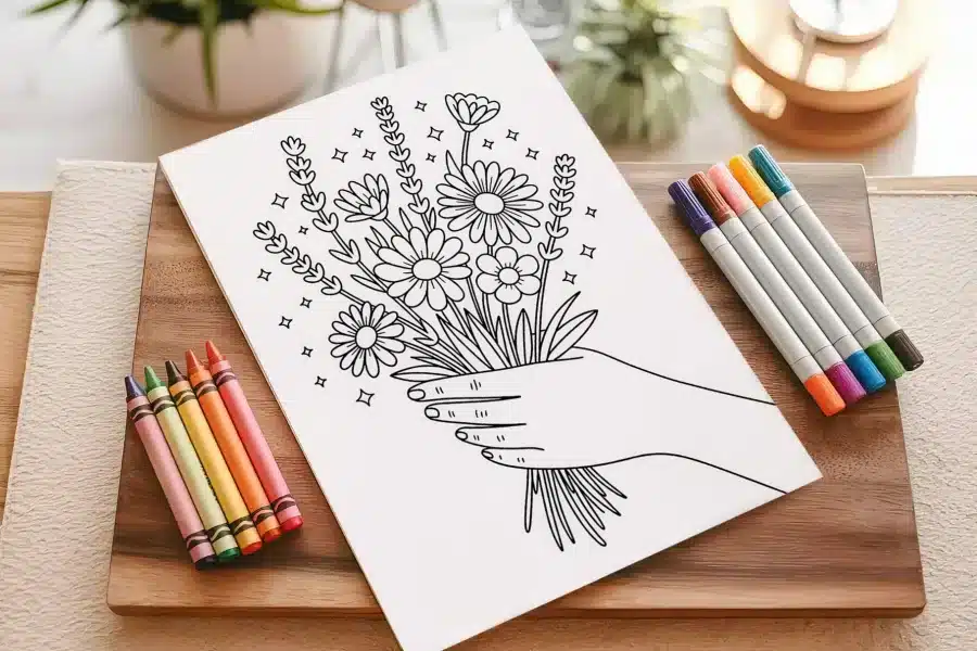 Line Drawing Of A Hand Holding A Bouquet Of Flowers.