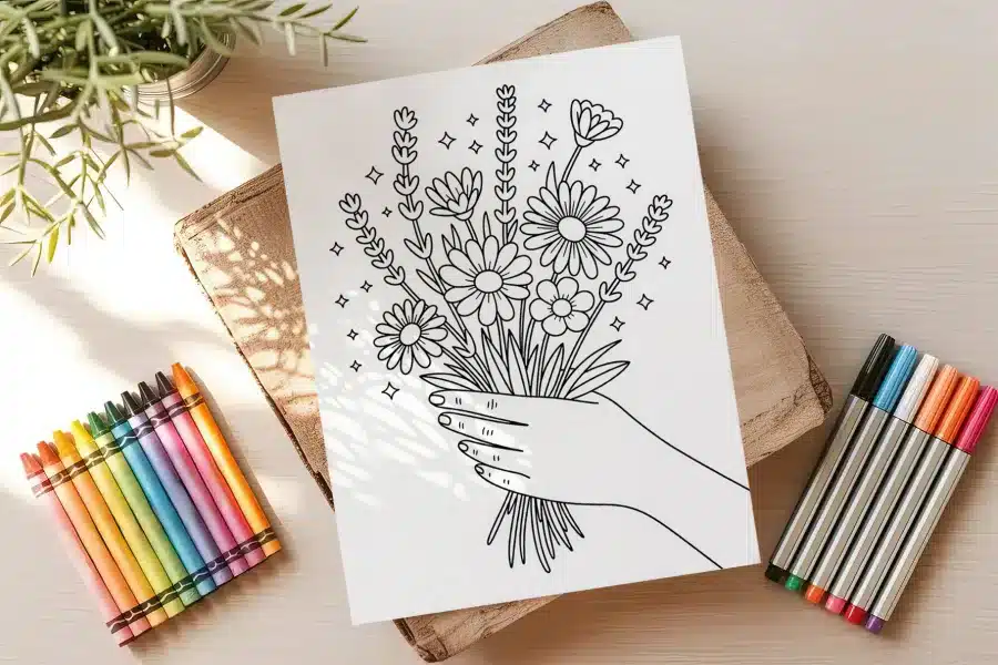 Line Drawing Of A Hand Holding A Bouquet Of Flowers.