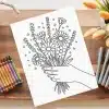 Line Drawing Of A Hand Holding A Bouquet Of Flowers.
