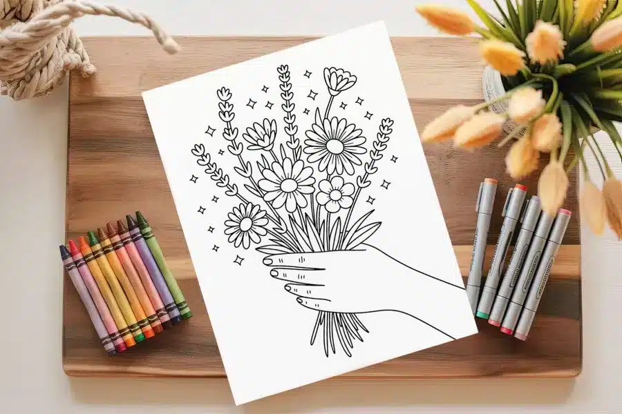 Line Drawing Of A Hand Holding A Bouquet Of Flowers.