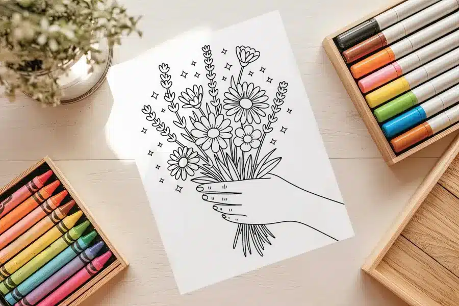 Wildflower Bouquet Free Coloring Page - printable adult coloring sheet of hand holding flowers