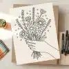 Line Drawing Of A Hand Holding A Bouquet Of Flowers.