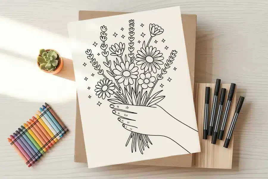 Line drawing of a hand holding a bouquet of flowers.