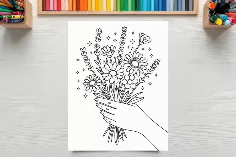 Line Drawing Of A Hand Holding A Bouquet Of Flowers.