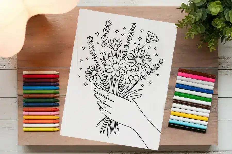 Line Drawing Of A Hand Holding A Bouquet Of Flowers.