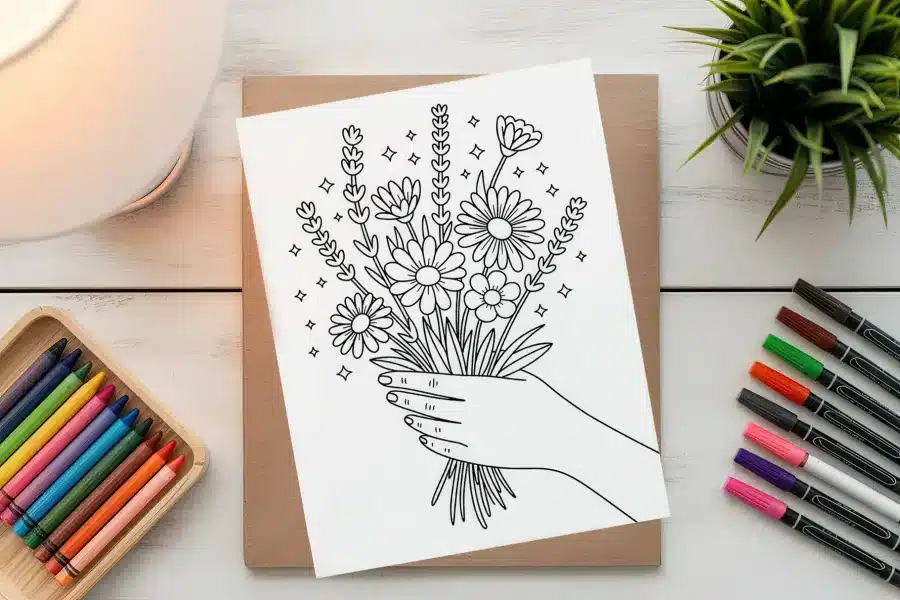 Line Drawing Of A Hand Holding A Bouquet Of Flowers.