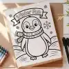 A Coloring Page Featuring A Cartoon Penguin Wearing A Scarf.  The Title Winter Fun Is Above The Penguin.