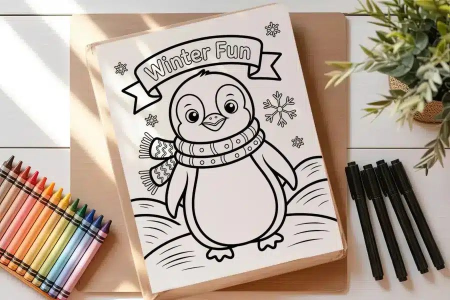A Coloring Page Featuring A Cartoon Penguin Wearing A Scarf.  The Title Winter Fun Is Above The Penguin.