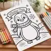 Coloring Page Featuring A Cartoon Penguin Wearing A Scarf, Surrounded By Snowflakes.  The Title Winter Fun Is At The Top.