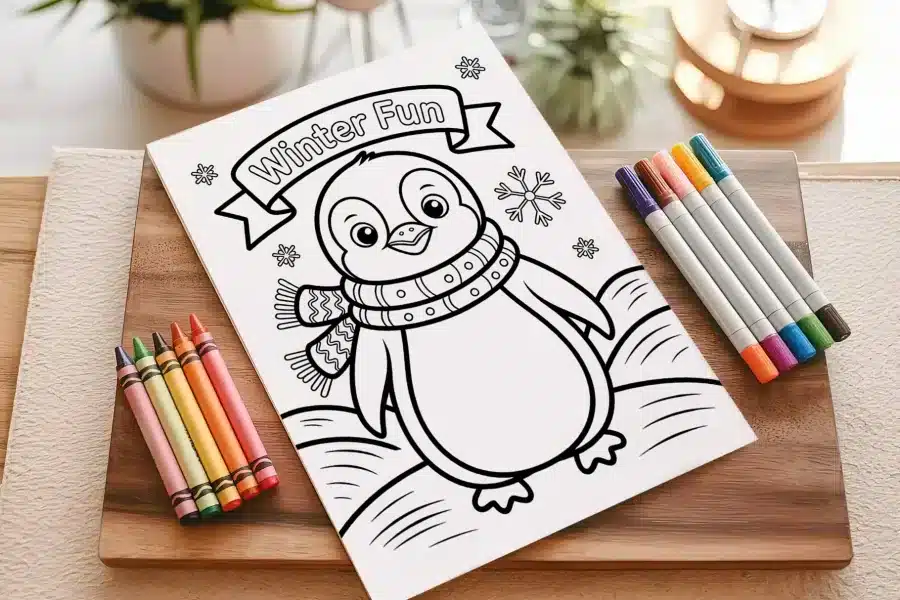 Coloring Page Featuring A Cartoon Penguin Wearing A Scarf, Surrounded By Snowflakes.  The Title Winter Fun Is At The Top.