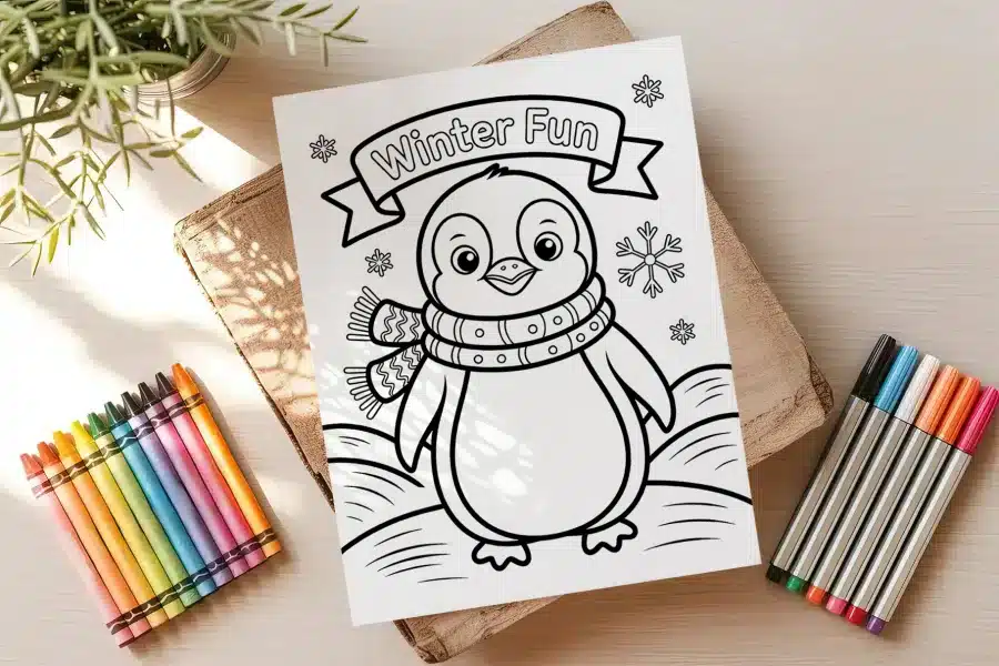 A Coloring Page Featuring A Cute Penguin Wearing A Scarf.  The Title Winter Fun Is Displayed Above.