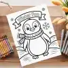 A Coloring Page Featuring A Cute Penguin Wearing A Scarf.  The Title Winter Fun Is Displayed Above.