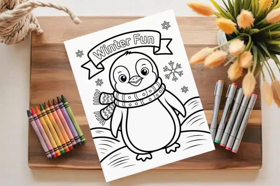 A Coloring Page Featuring A Cute Penguin Wearing A Scarf.  The Title Winter Fun Is Displayed Above.