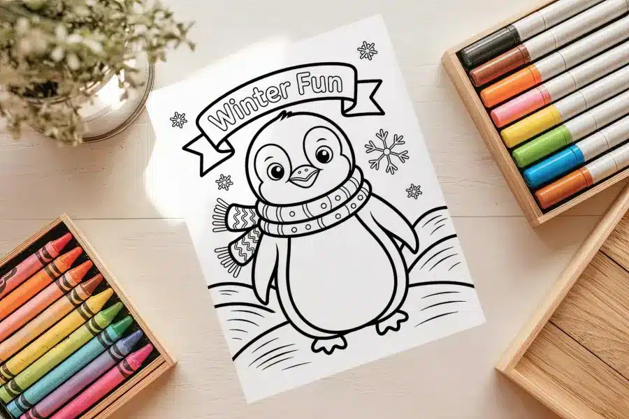 Winter Fun Penguin Free Coloring Page - printable kids coloring sheet with penguin, hat, and scarf