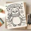 A Coloring Page Featuring A Cartoon Penguin Wearing A Scarf.  The Title Winter Fun Is At The Top.