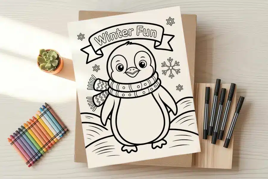 A coloring page featuring a cartoon penguin wearing a scarf.  The title Winter Fun is at the top.