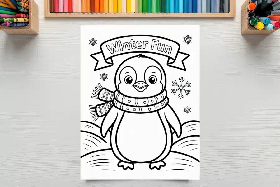 A Coloring Page Featuring A Cute Penguin Wearing A Scarf, With Winter Fun Written Above.