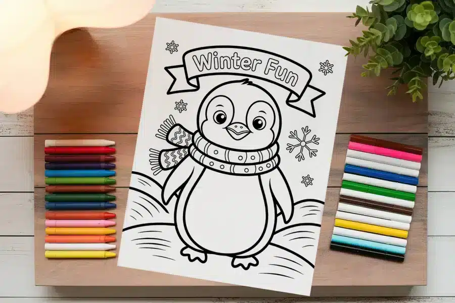 Coloring Page Featuring A Cartoon Penguin Wearing A Scarf.  The Title Winter Fun Is Above The Penguin.