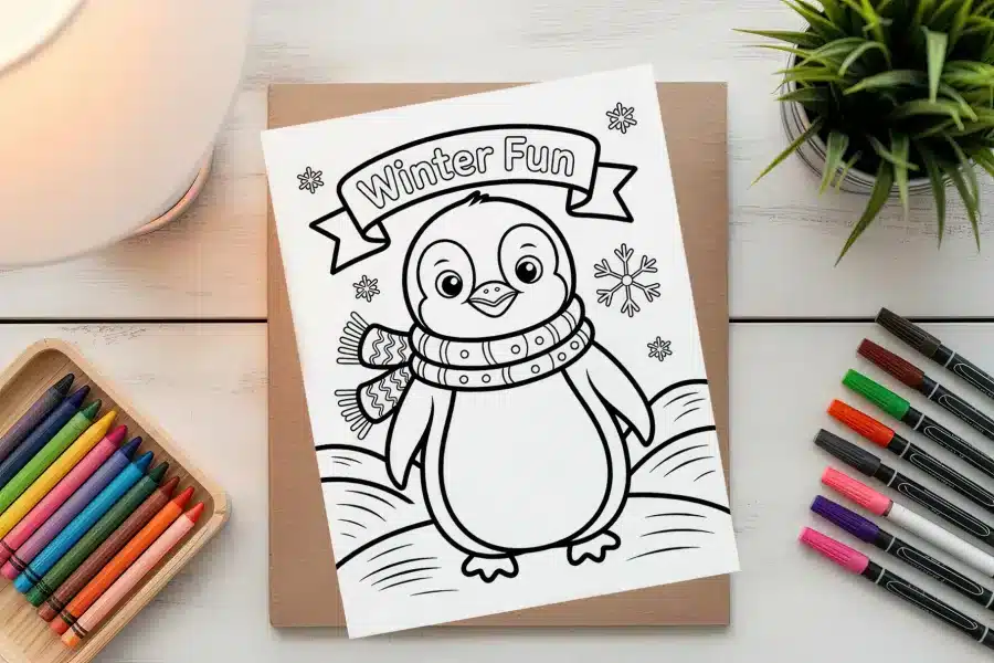 A Coloring Page Featuring An Adorable Penguin Wearing A Scarf, Surrounded By Snowflakes.  The Words Winter Fun Are At The Top.
