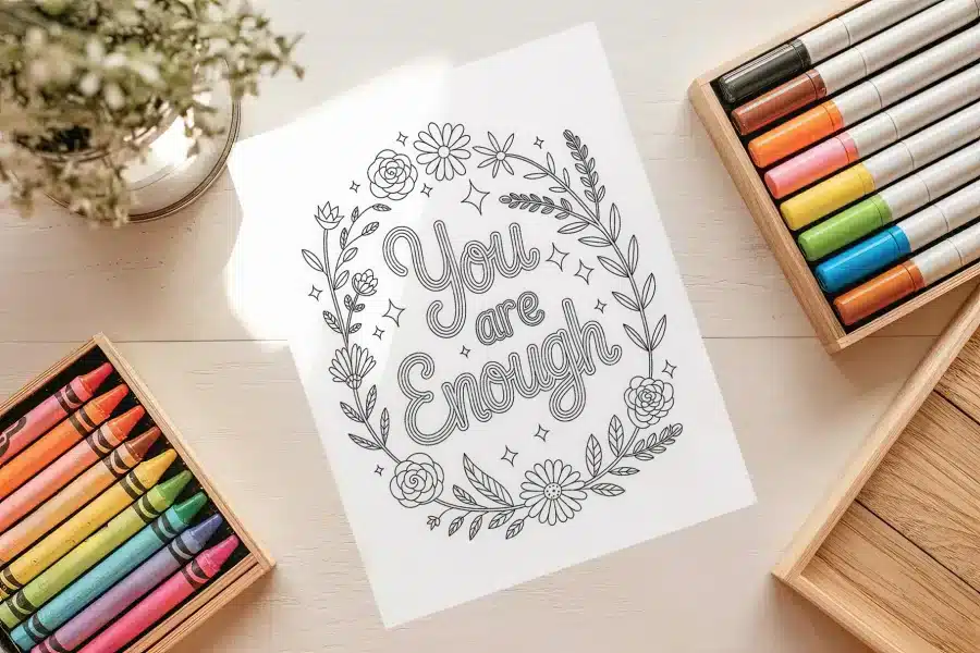 You Are Enough Quote Free Coloring Page - printable adult coloring sheet with inspirational message and floral design