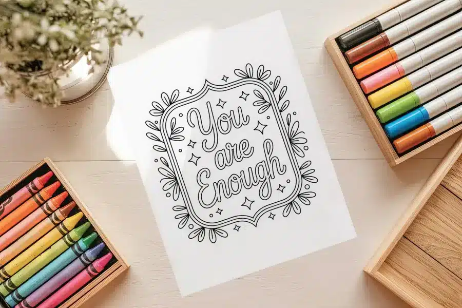 You Are Enough Sign Free Coloring Page - printable adult coloring sheet with empowering quote