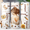 White Tumbler Featuring A Watercolor Illustration Of A Woman'S Back, Surrounded By Positive Words And Nature-Inspired Designs.