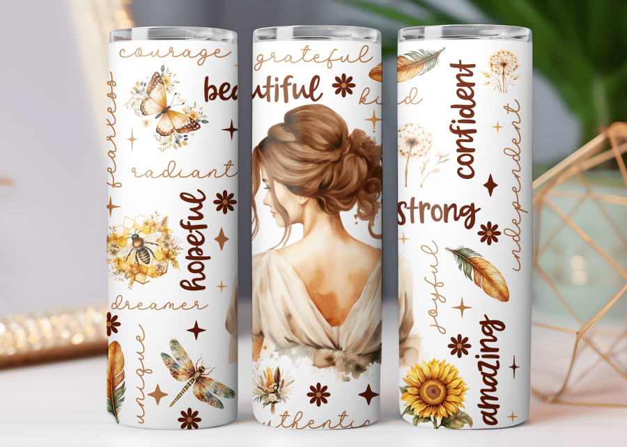 White Tumbler Featuring A Watercolor Illustration Of A Woman'S Back, Surrounded By Positive Words And Nature-Inspired Designs.