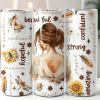 Three White Tumblers With Brown Text And Illustrations Of A Woman, Flowers, Insects, And Feathers.