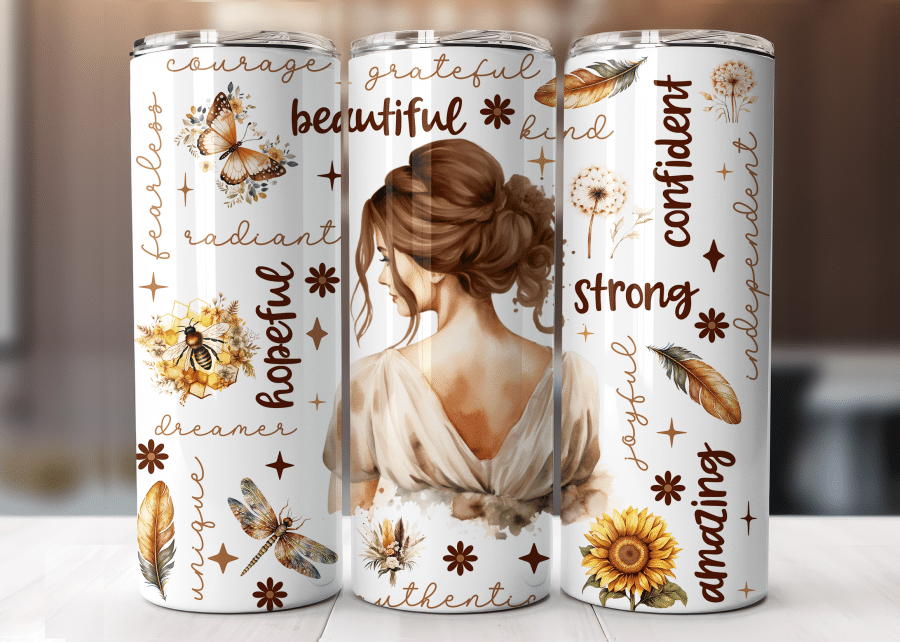 Three Tumblers Featuring A Watercolor Illustration Of A Woman From Behind, Surrounded By Positive Affirmations And Nature-Inspired Designs.