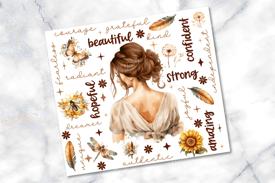 Watercolor Illustration Of A Woman'S Back, Adorned With Positive Words And Nature-Inspired Elements.