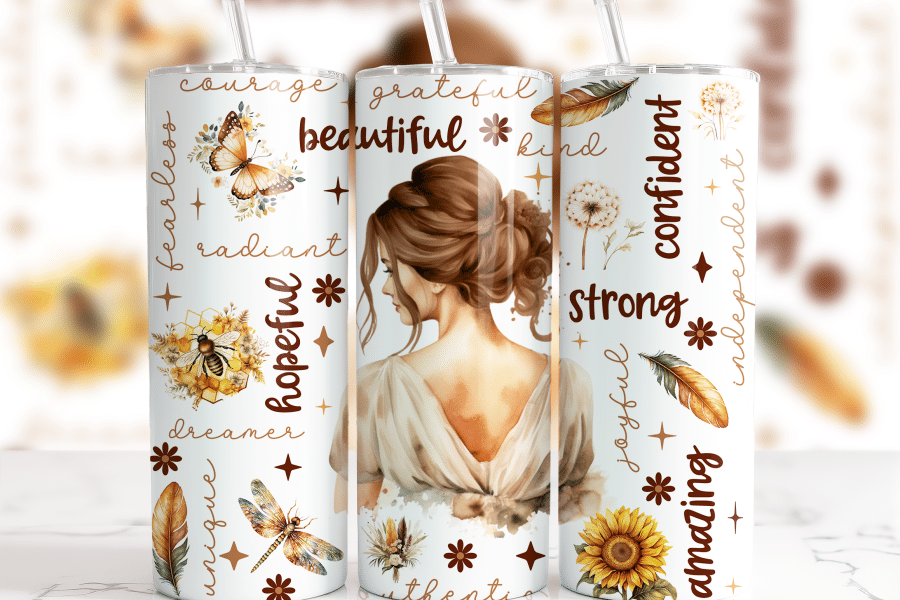 Brunette Woman Affirmations Tumbler Wrap - digital download PNG design with mockup for 20oz skinny tumblers
