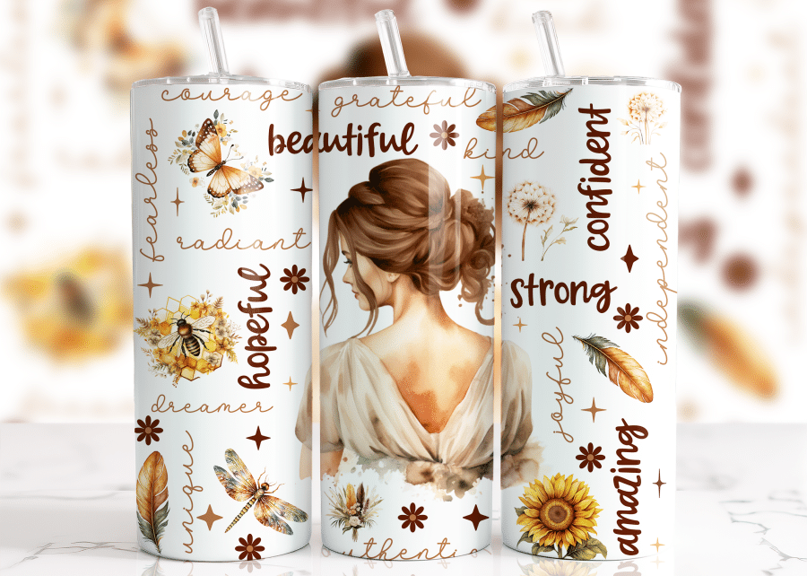 Brunette Woman Affirmations Tumbler Wrap - Digital Download Png Design With Mockup For 20Oz Skinny Tumblers