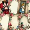 Alice In Wonderland Themed Collage Featuring Alice, The Queen Of Hearts, The White Rabbit, And The Mad Hatter, With Decorative Floral Borders And Blank Frames.