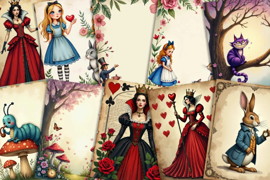 Alice In Wonderland Collage Featuring Alice, The Queen Of Hearts, And Other Characters From The Story.