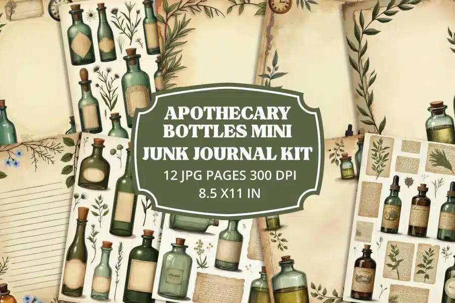 Mini Apothecary Junk Journal Kit - printable JPG pages with vintage labels and botanical illustrations