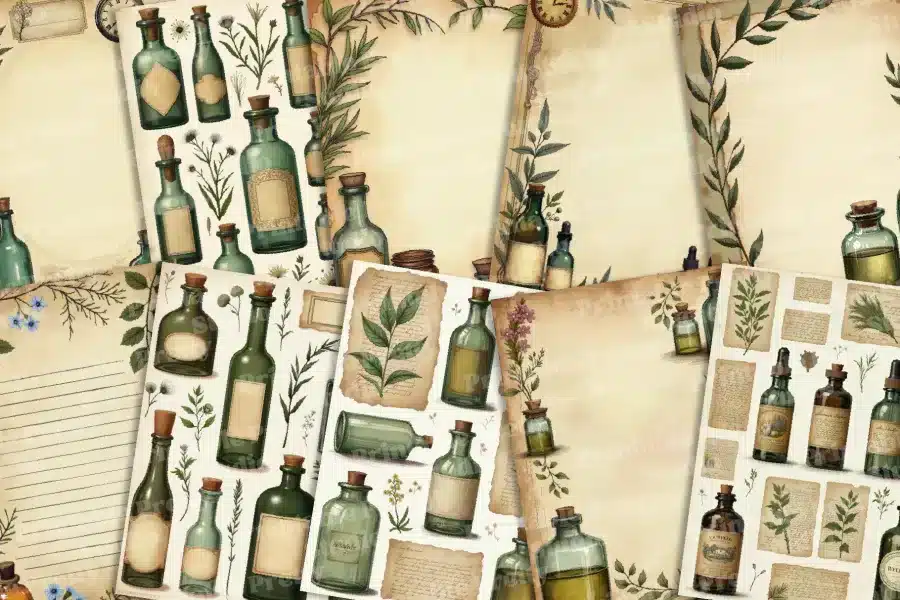 Collection of vintage apothecary-style papers featuring various illustrations of bottles, herbs, and botanical sketches.