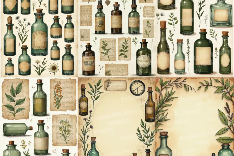 Collection Of Antique Apothecary Bottles With Blank Labels, Surrounded By Botanical Illustrations And Aged Paper.