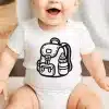 Baby Wearing A White Onesie With A Black Line Drawing Of A Backpack And Water Bottle.