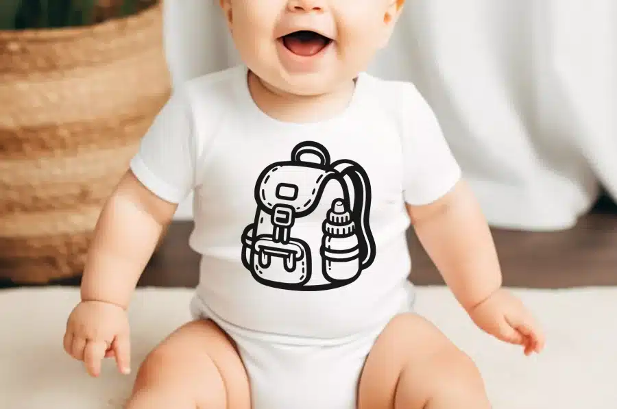 Baby Wearing A White Onesie With A Black Line Drawing Of A Backpack And Water Bottle.