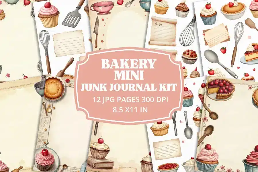 Bakery Mini Junk Journal Kit - printable JPG pages with sweet treat illustrations