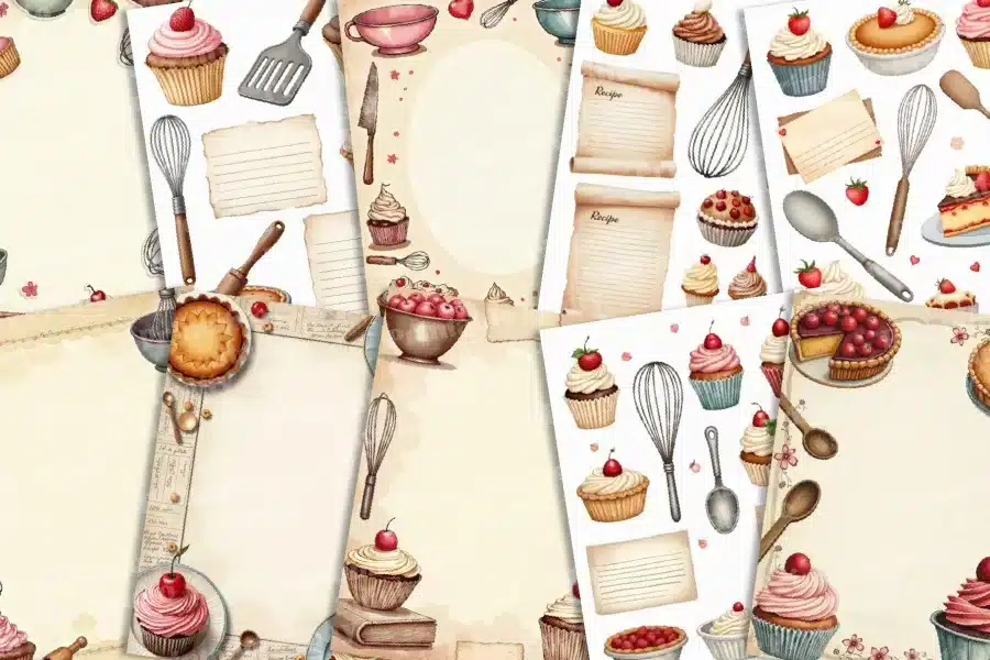 Collage of vintage-style baking illustrations, featuring cupcakes, pies, and baking utensils on recipe-style backgrounds.