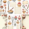 Collection Of Illustrations Of Cupcakes, Pies, Baking Tools, And Recipe Cards.