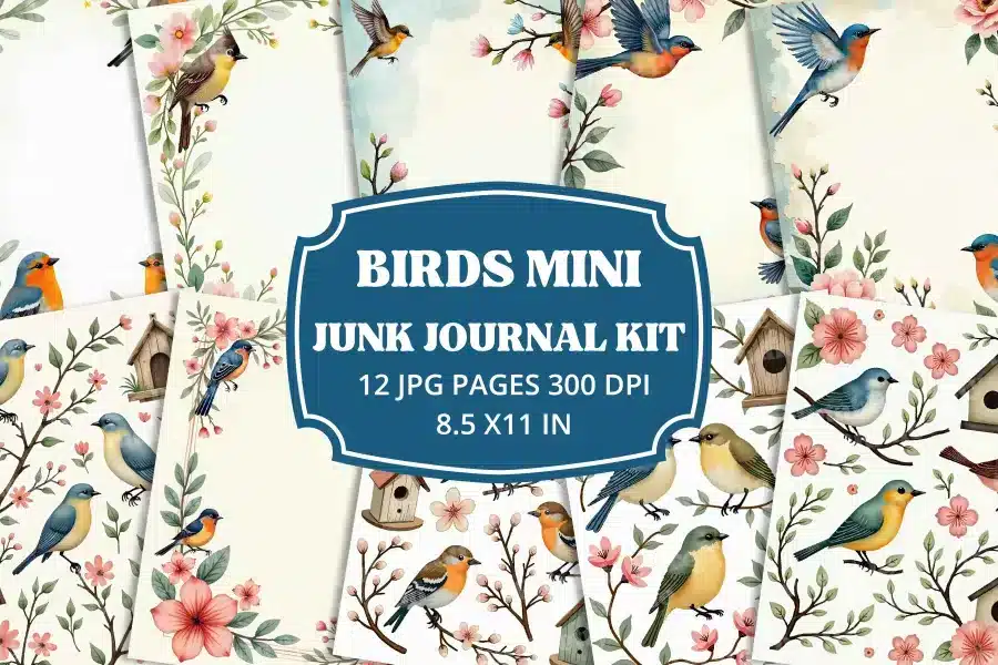Beautiful Birds Mini Junk Journal Kit - printable JPG pages with vintage bird illustrations, nests, and eggs