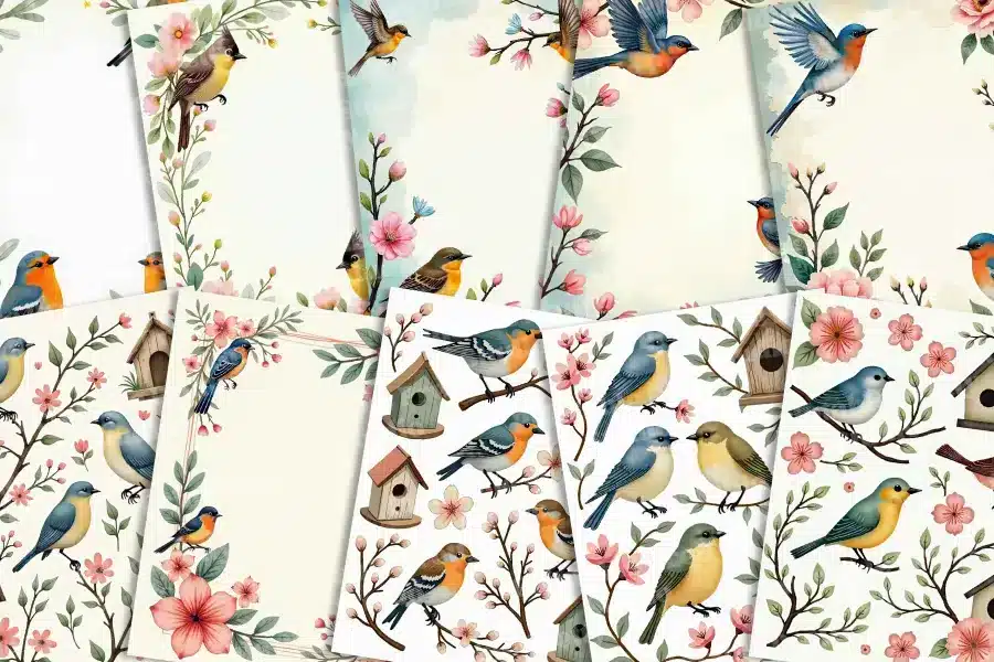 Collage of colorful birds and flowers on cards.