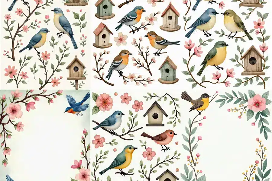 A Collage Of Colorful Birds And Birdhouses On Flowering Branches.