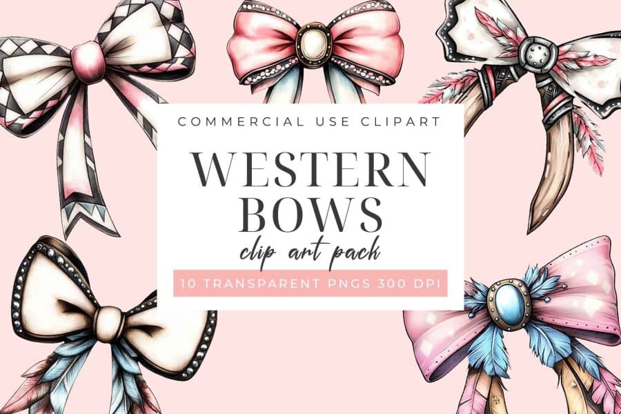 Ten western-themed bows in a clip art pack. The bows are decorated with feathers and turquoise accents.