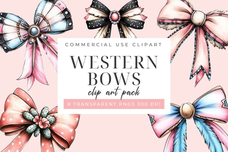 Western Cowgirl Bows Clip Art Set - digital download PNG graphics with cow print and rustic patterns
