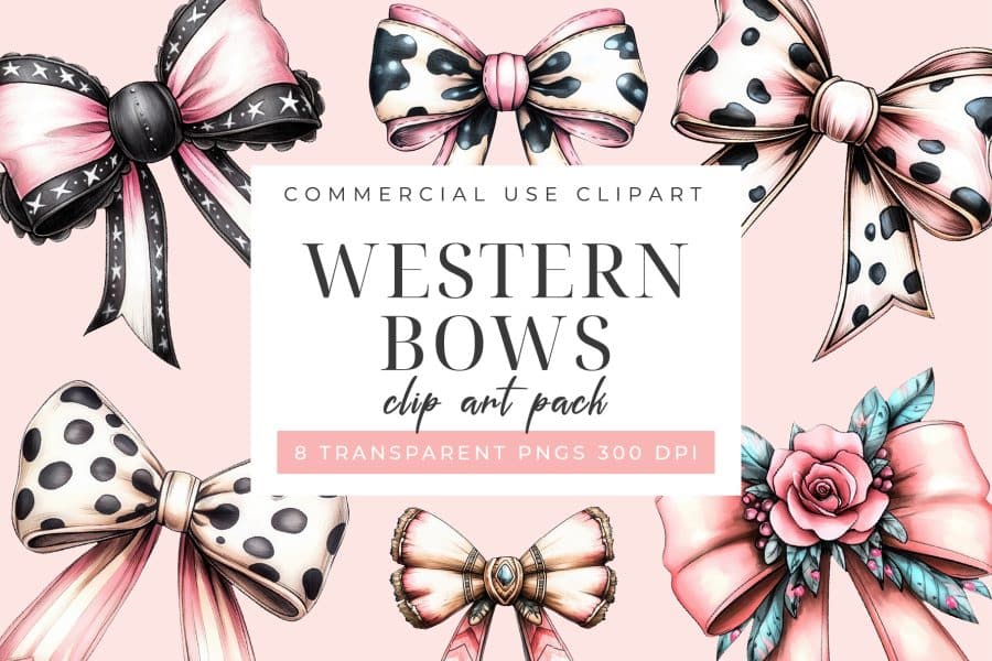 Rustic Western Bows Clip Art Set - digital download PNG graphics with cow print and paisley designs